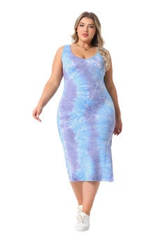 V Neck Sleeveless Tie Dye Midi Beach Sundress Tank Dress