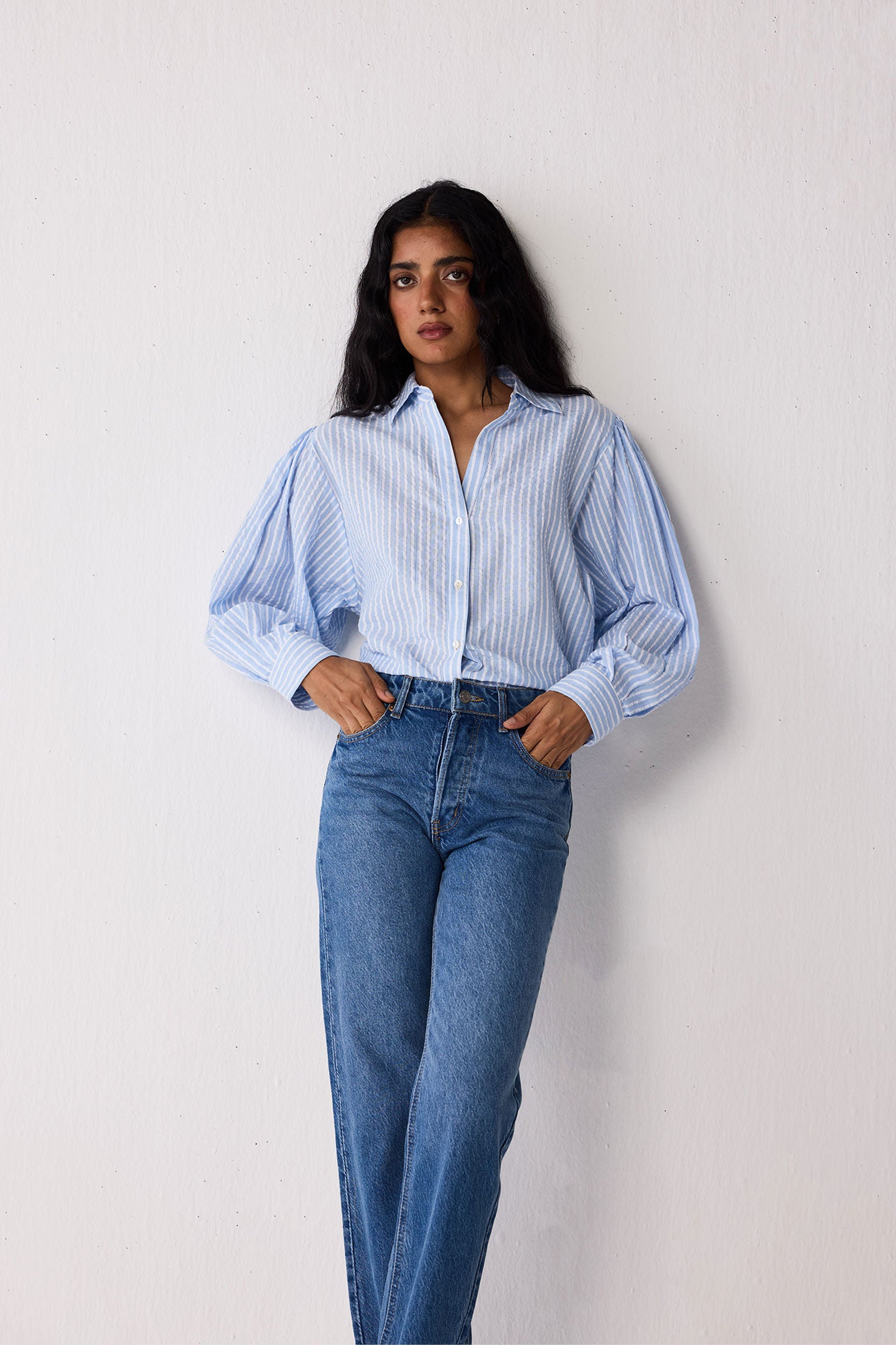 Striped Shirt with Long Balloon Sleeves in Blue, Cloudline / Light Blue, alternate image number 3