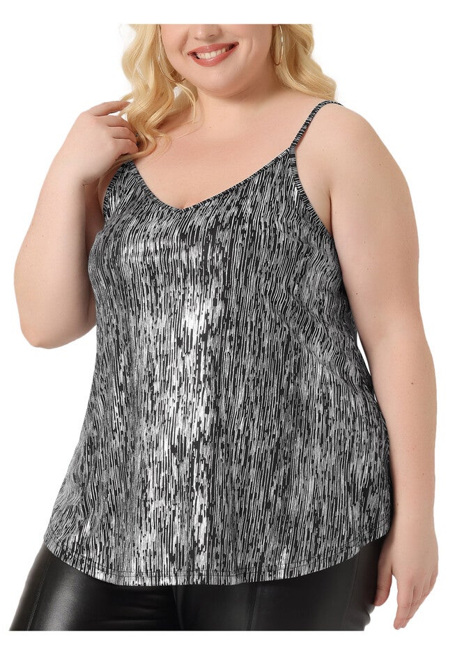 V NECK GLITTER CAMI SLEEVELESS SEQUIN TANK TOP, Black Silver / Silver, alternate image number 1