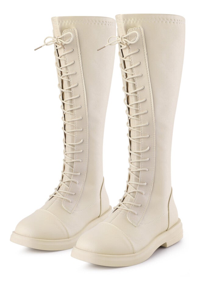Lace Up Lug Sole Flat Low Heel Knee High Combat Boots, Beige / Beige, alternate image number null