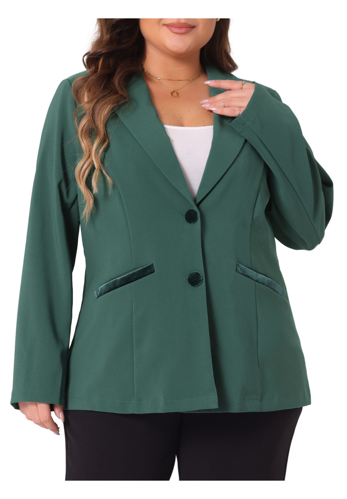 NOTCHED LAPEL V NECK WORK SUIT BLAZER, Dark Green / Forest Green, alternate image number 2
