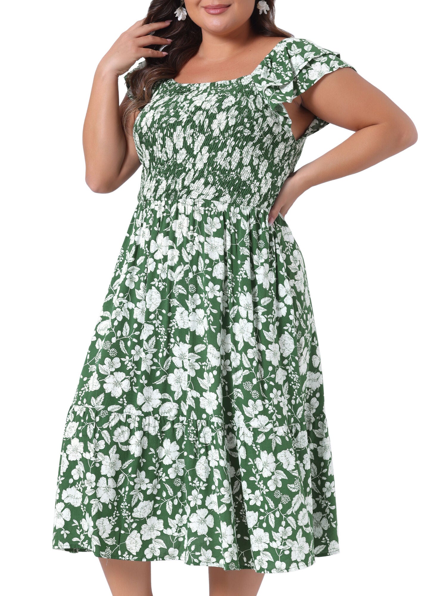 Square Neck Flutter Sleeve Smocked High Waist Flowy Summer Midi Dress, Green / Forest Green, alternate image number 1