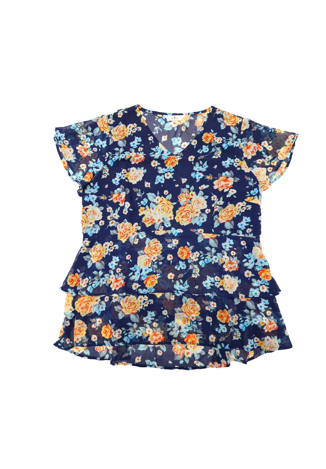 Short Sleeve Layered Casual Floral Blouse Summer Top, Dark Blue / Navy, hi-res image number 0