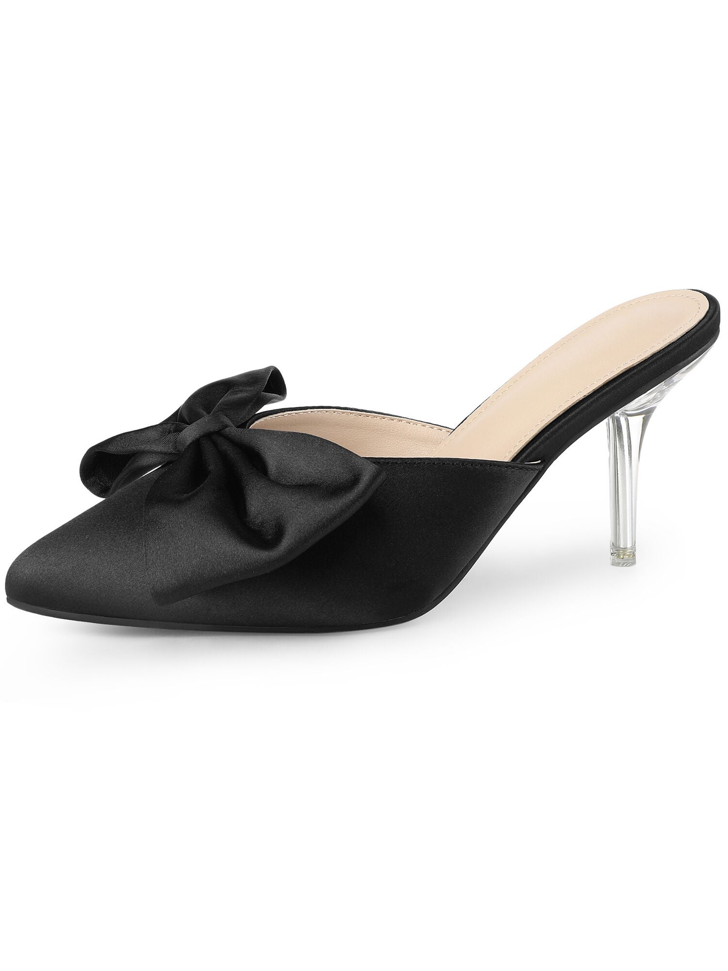 Bowknot Satin Pointed Toe Stiletto Heel Slip on Mules, Black / Black, hi-res image number 0