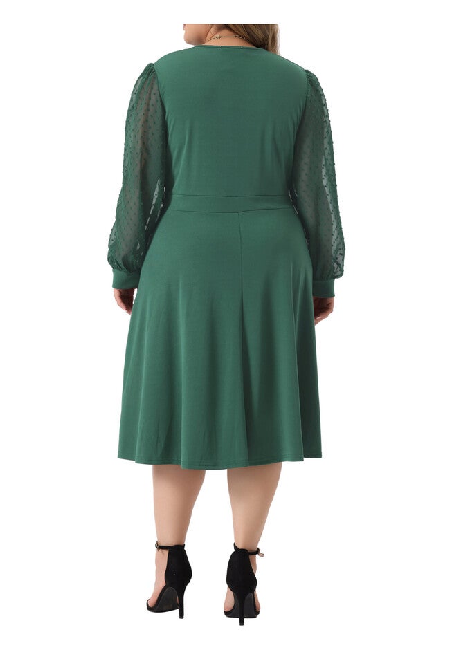 Long Sleeve Swiss Dots Formal Knee Length Dress, Green / Forest Green, alternate image number 3