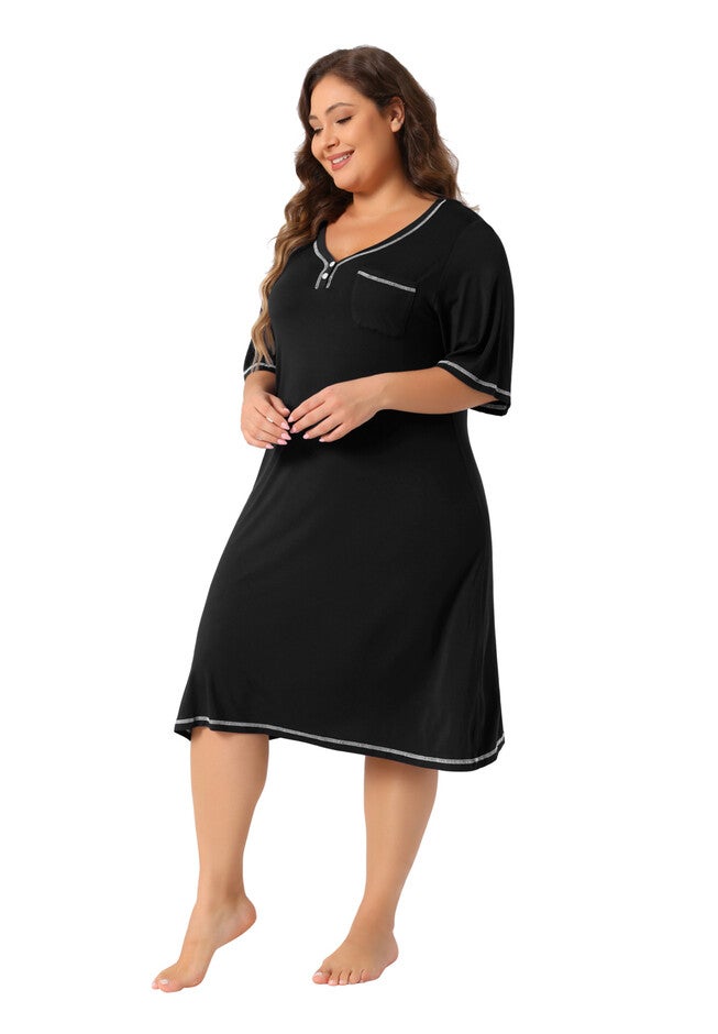 Short Sleeve V Neck Loose Sleepdress, Black / Black, hi-res image number 0