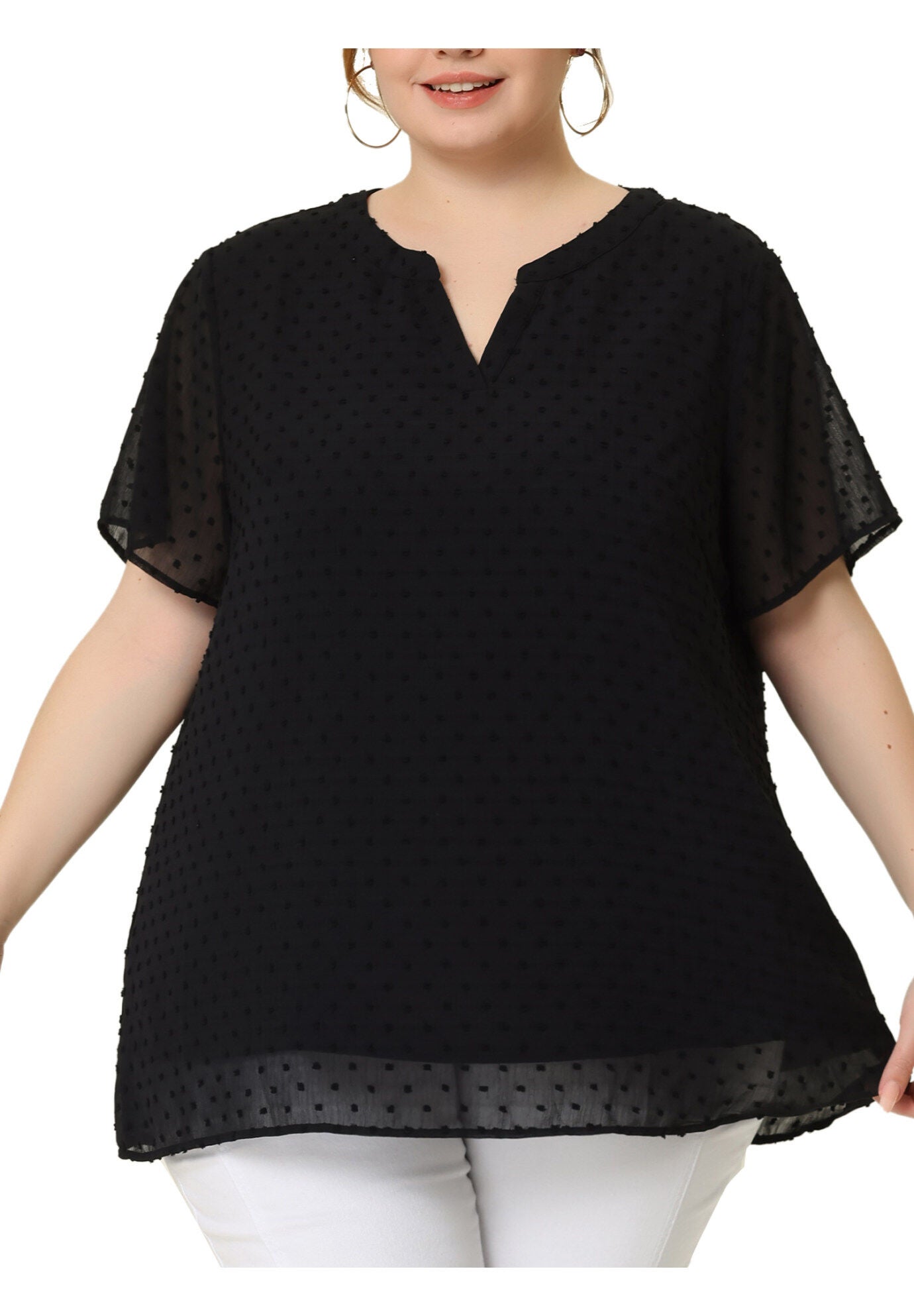 Swiss Dots Notched Neck Short Sleeve Basic Blouse, Black / Black, alternate image number 2