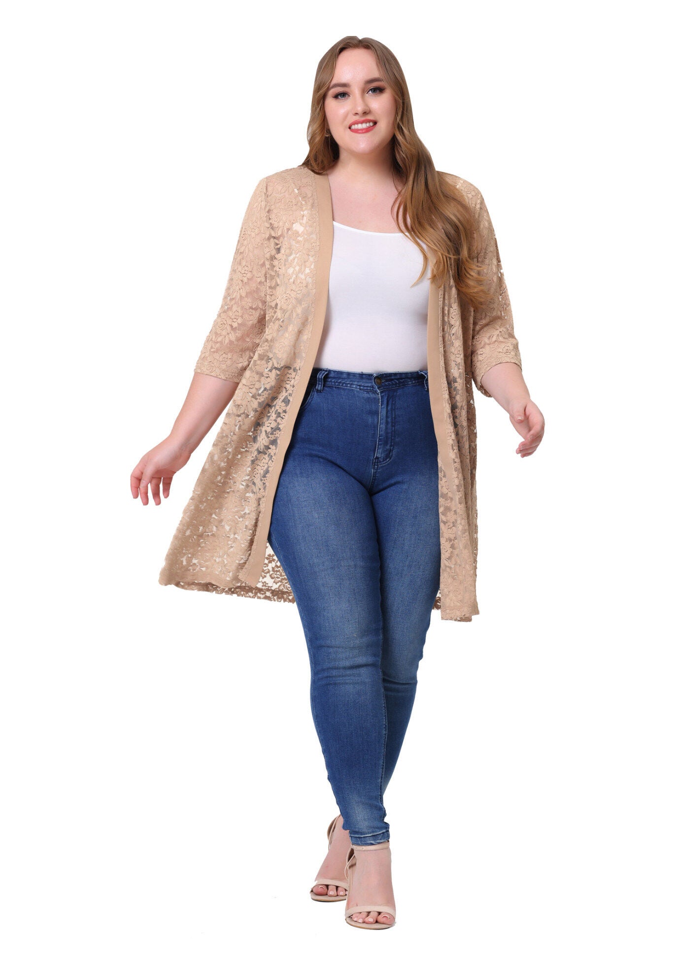 LACE CROCHET 3/4 SLEEVE COVER UP CARDIGAN, Khaki / Beige, alternate image number 4