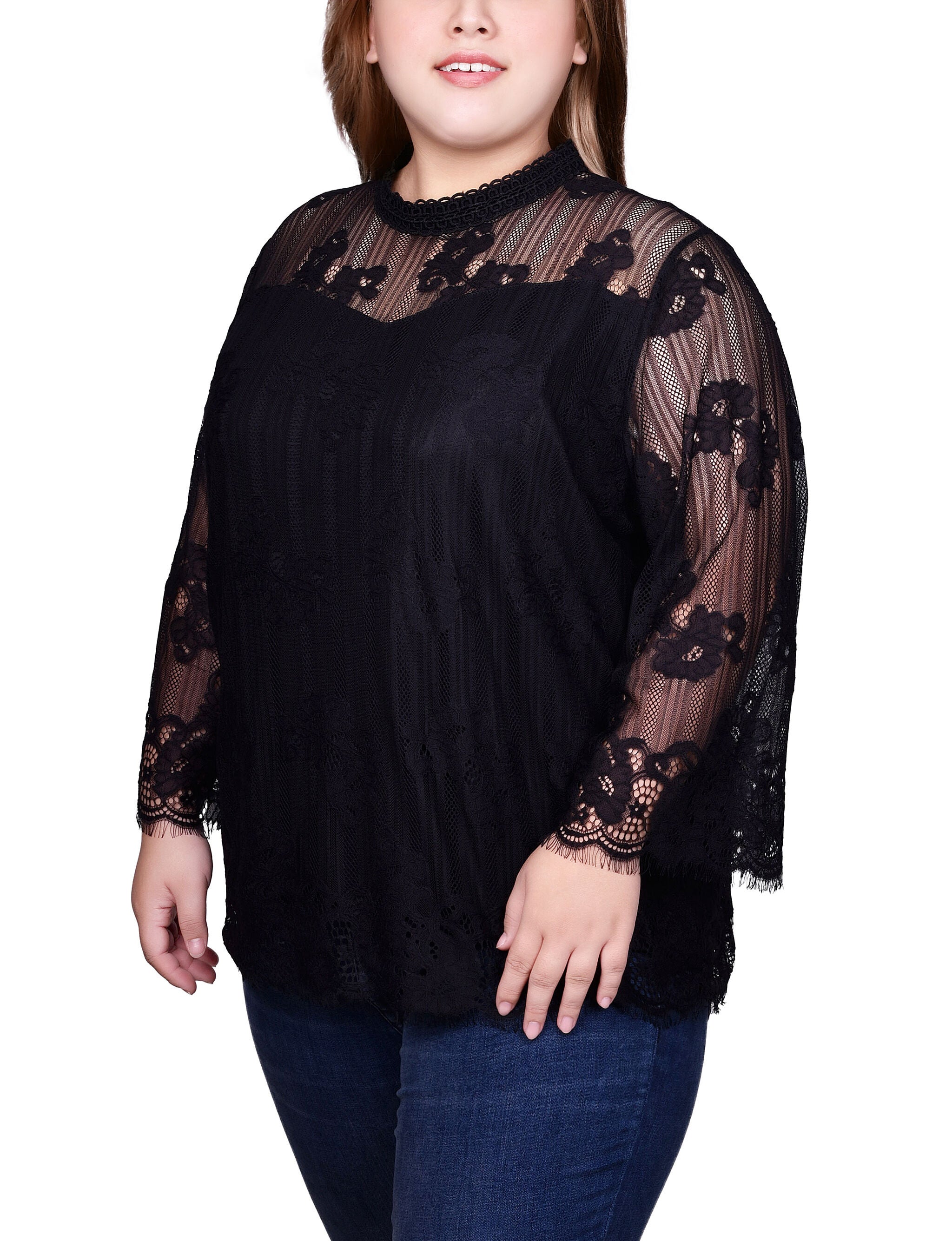 3/4 Sleeve Lace Blouse, Black, alternate image number 2