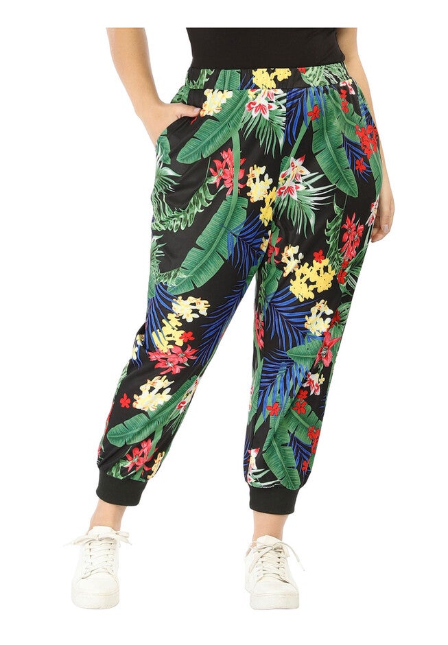 TROPICAL FLORAL HAREM JOGGER PANTS, Black / Black, hi-res image number 0