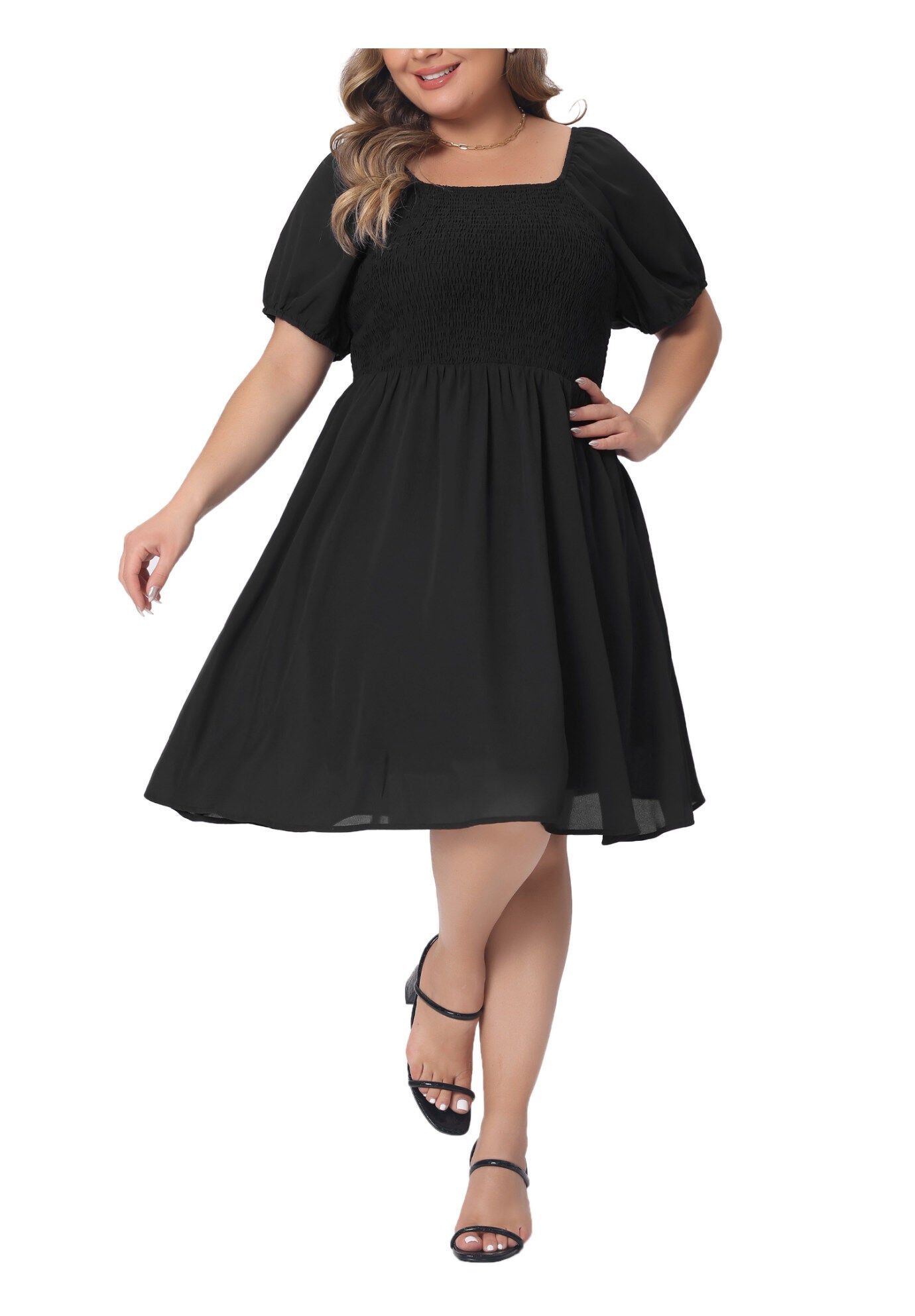 Smocked Square Neck Short Sleeve Stretchy Midi Dress, Black / Black, alternate image number 4