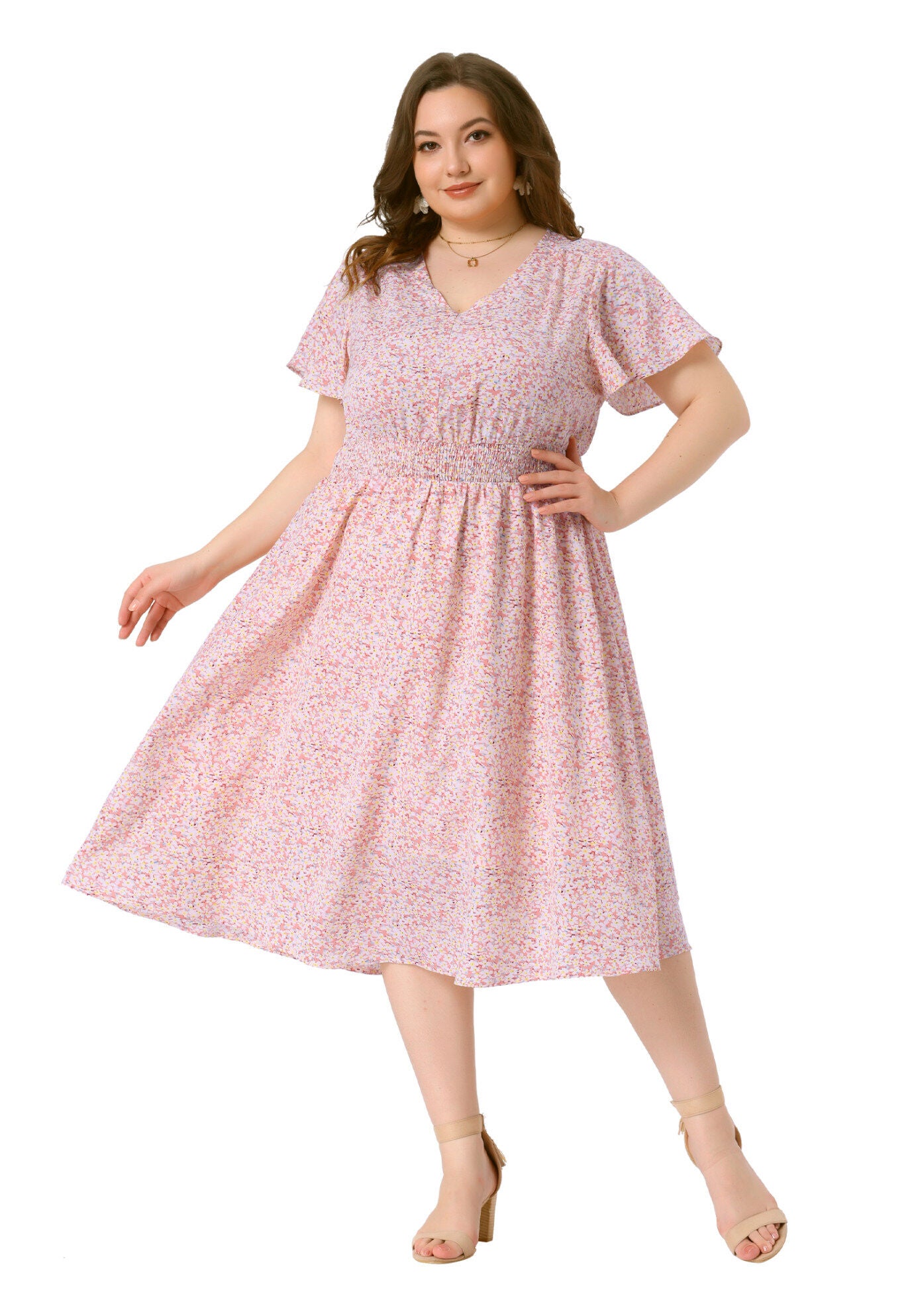 Summer Floral Print V Neck Smocked A-Line Flowy Midi Dress, Pink / Pink, hi-res image number 0