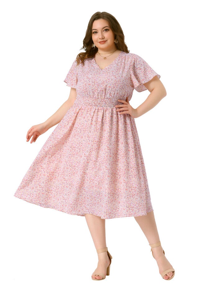 Summer Floral Print V Neck Smocked A-Line Flowy Midi Dress, Pink / Pink, hi-res image number 0