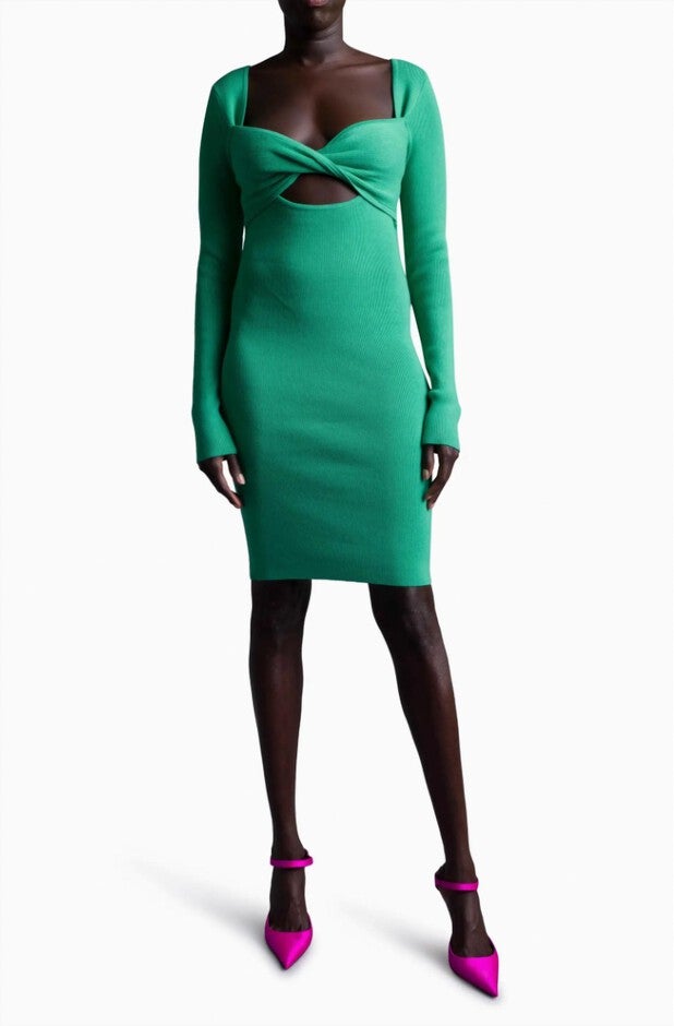 RETROGRADE TWIST FRONT LONG SLEEVE KNIT DRESS IN EMERALD, Emerald / Light Green, hi-res image number 0
