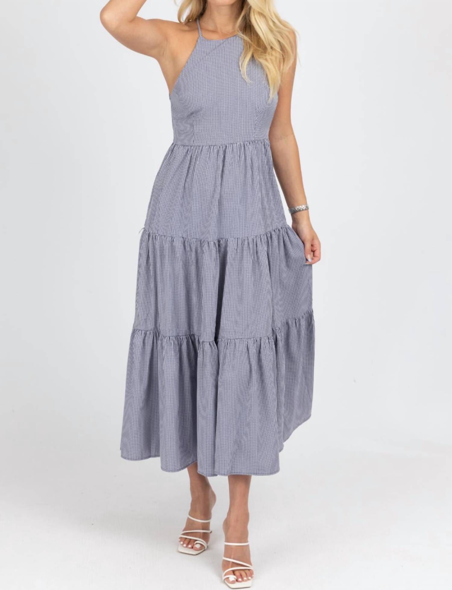 GINGHAM TIERED OPEN BACK MAXI DRESS IN NAVY, Navy / Navy, hi-res image number 0