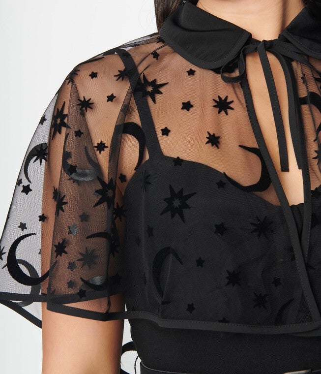 Unique Vintage Black Flocked Moon & Stars Clarke Capelet, , alternate image number null