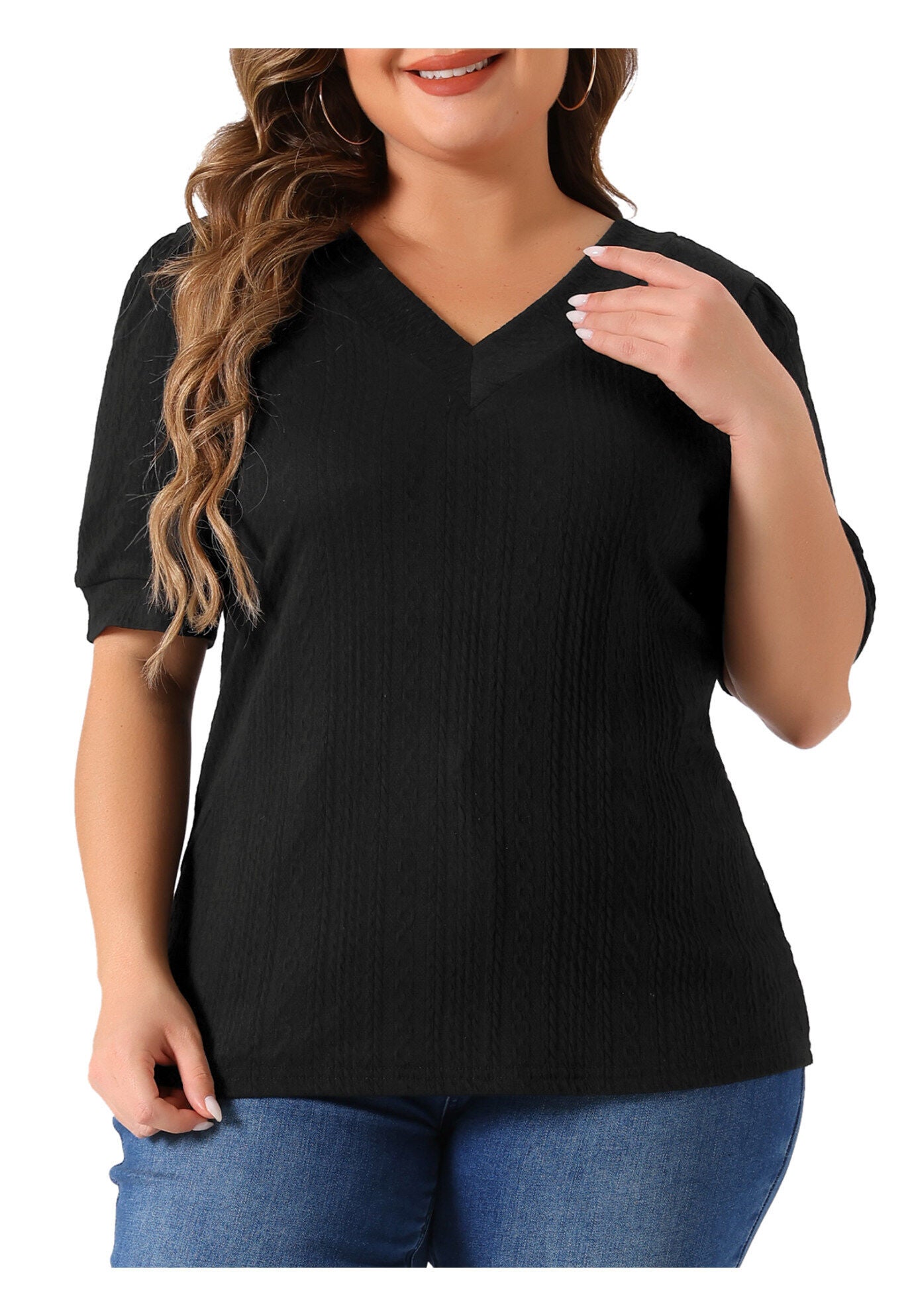 DEEP V NECK SHORT SLEEVE T-SHIRT CASUAL TOP, Black / Black, alternate image number 2