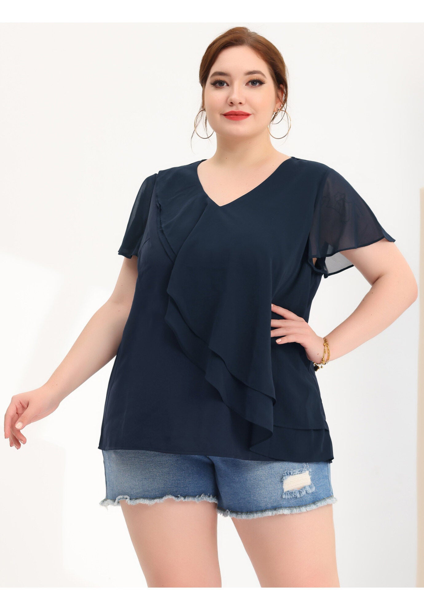 Flutter Sleeves Blouse V Neck Layer Chiffon Ruffle Top, Navy Blue / Navy, hi-res image number 0