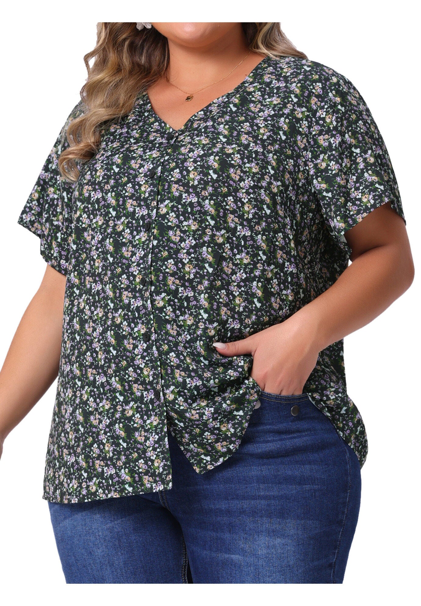 V Neck Button Short Sleeve Floral Blouse, Black Purple / Black, alternate image number 1