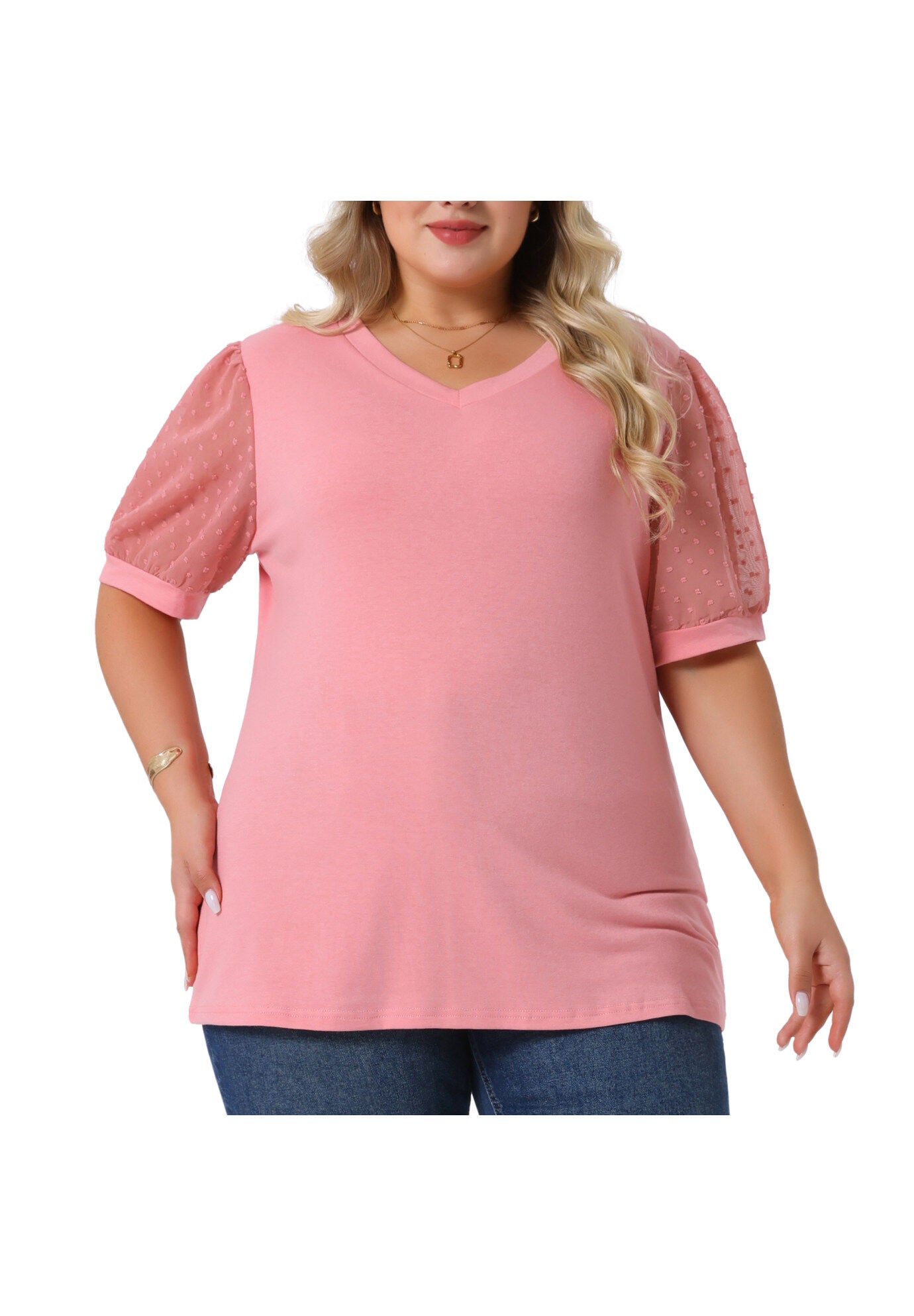 V Neck Swiss Dots Puff Sleeve Loose Top, Pink / Pink, alternate image number 2