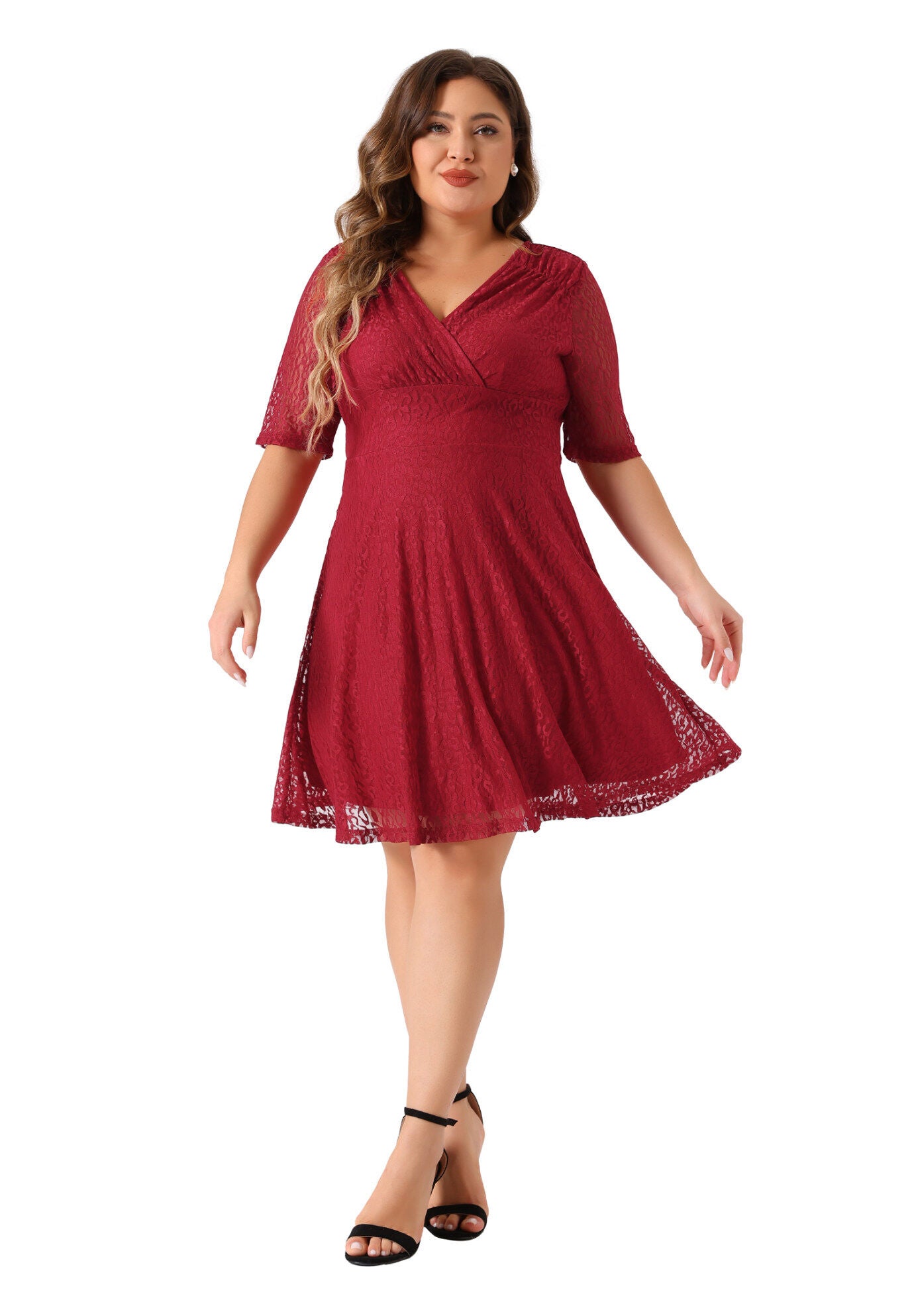 Lace Swing A-Line Cocktail Midi Dress, Red / Red, hi-res image number 0