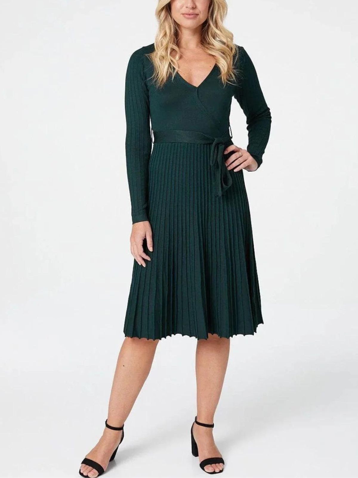 Adelina Dress Knit Pleated Skirt Crossover Top, Green / Hunter Green, alternate image number 4