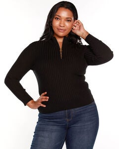 RIBBED MOCK NECK HALF-ZIP SWEATER