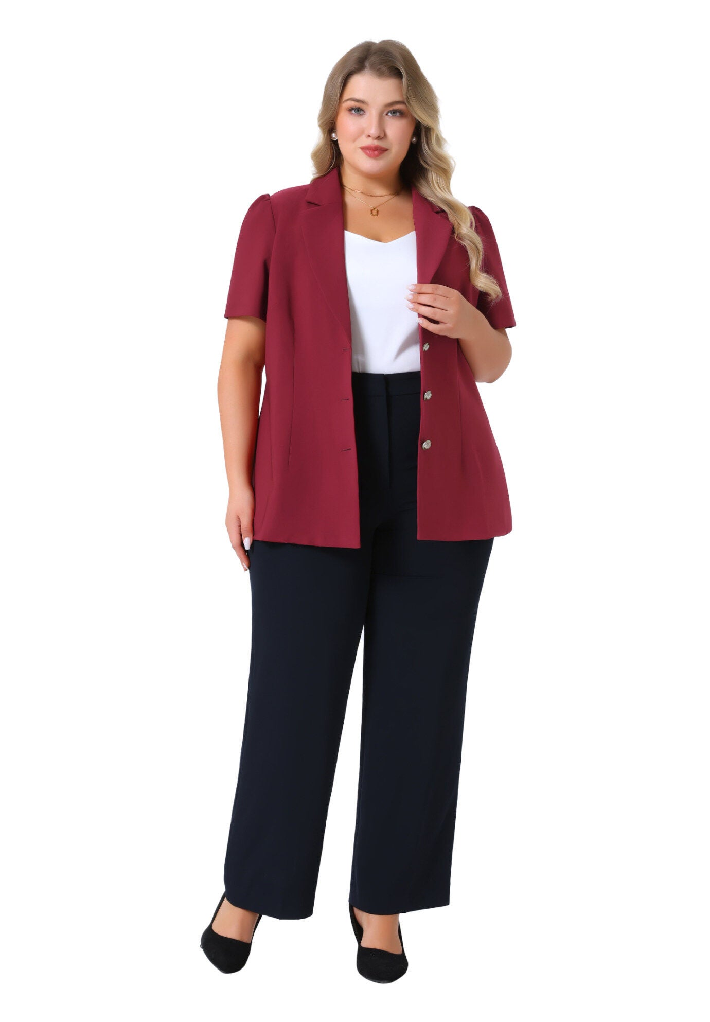 Notched Lapel Short Puff Sleeve Blazer Jackets, Burgundy / Burgundy, hi-res image number 0