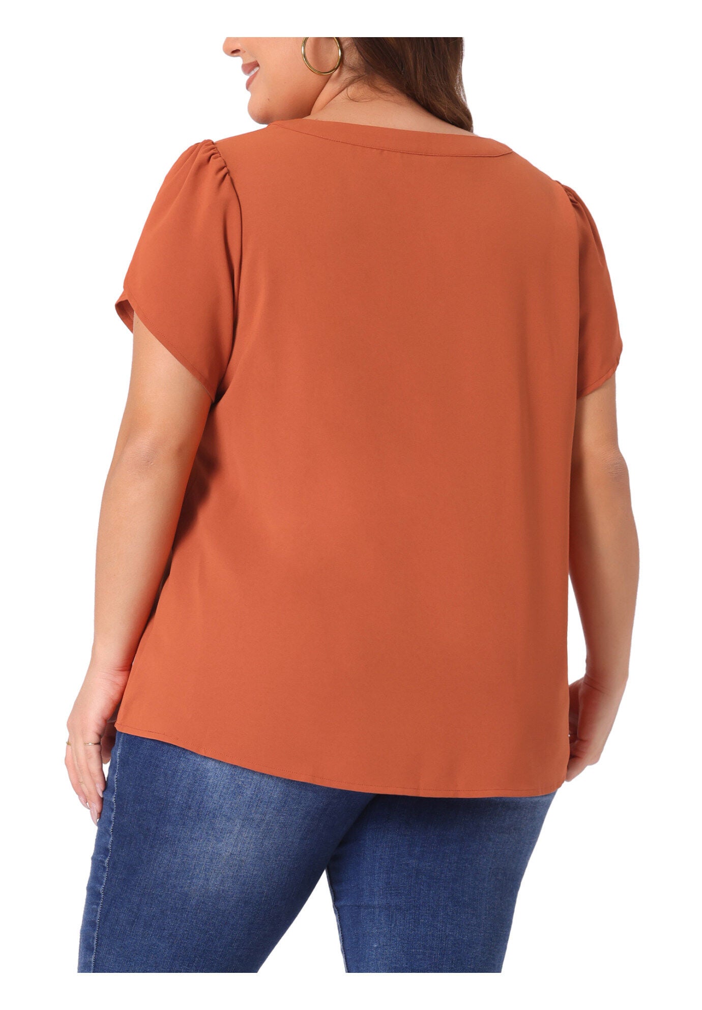 Notched V Neck Short Petal Sleeve Shirt Top, Caramel / Burnt Orange, alternate image number 2