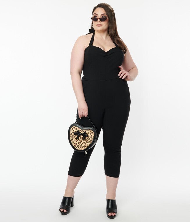 Unique Vintage 1950s Black Halter Marcel Jumpsuit, Black / Black, alternate image number 1