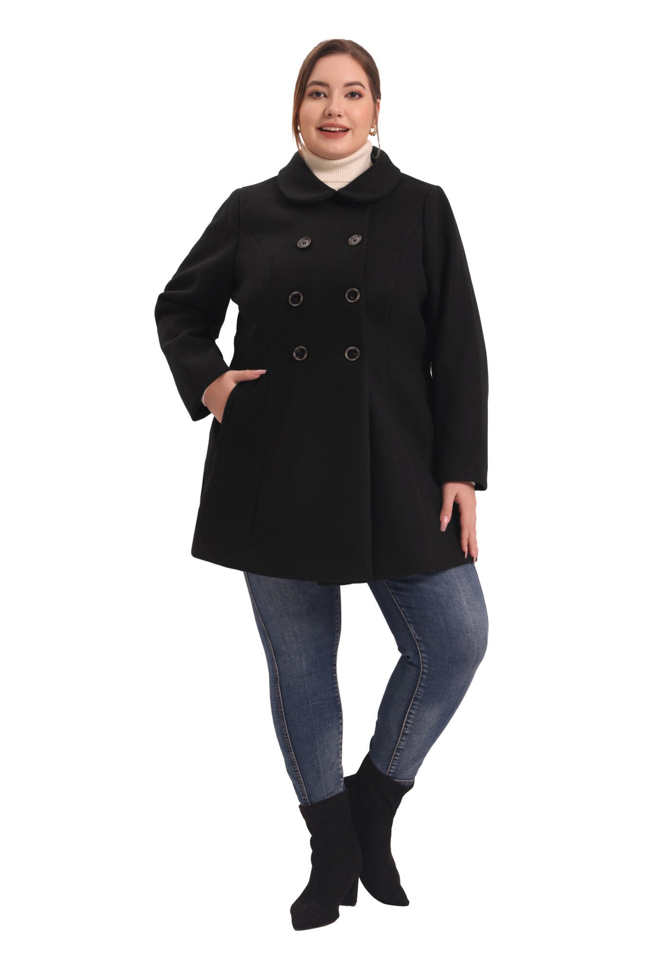 Peter Pan Collar Double Breasted Coat with Pockets, Black / Black, hi-res image number 0
