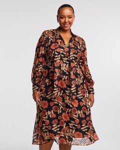 Autumnal Floral Midi Dress with Neck-Tie