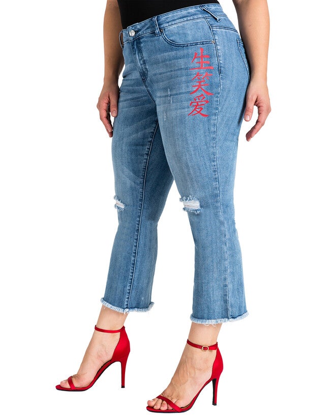 Plus Size Jamie Chinese Character Distressed Cropped Flare Jeans, Blue / Medium Wash, alternate image number 3