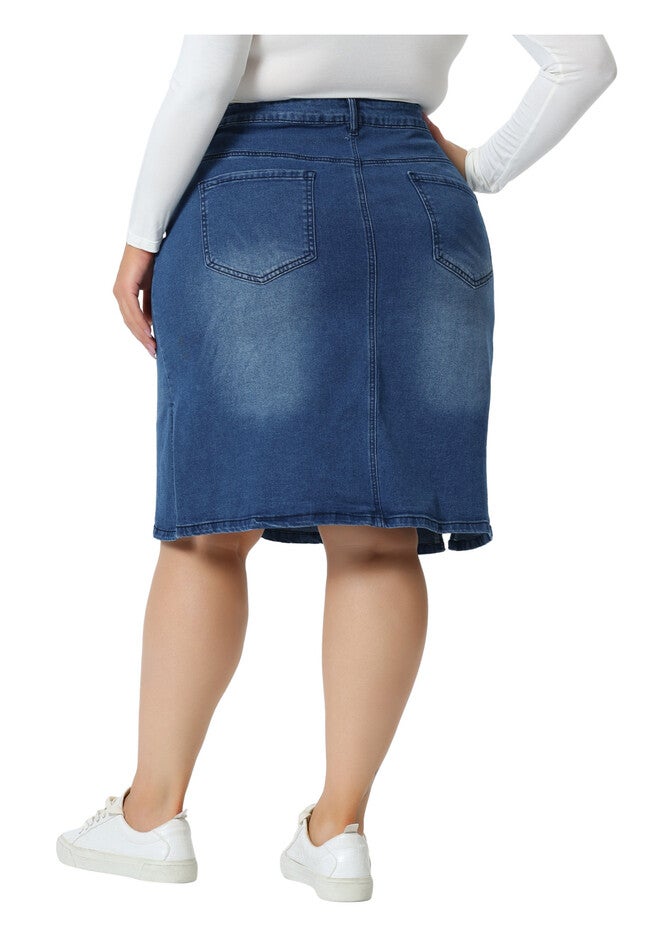 STRETCH ELASTIC WAIST SIDE SPLIT A LINE DENIM SKIRT, Blue / Light Blue, alternate image number 3