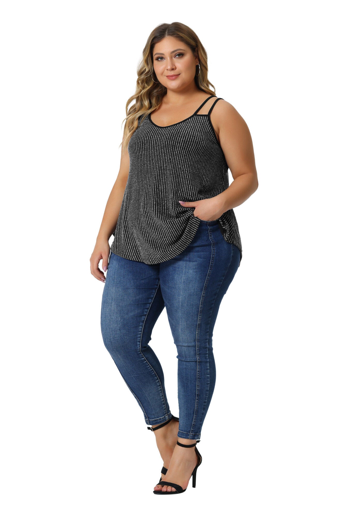 Sleeveless V Neck Tank Cami Party Glitter Sparkle Top, Silver / Silver, hi-res image number 0