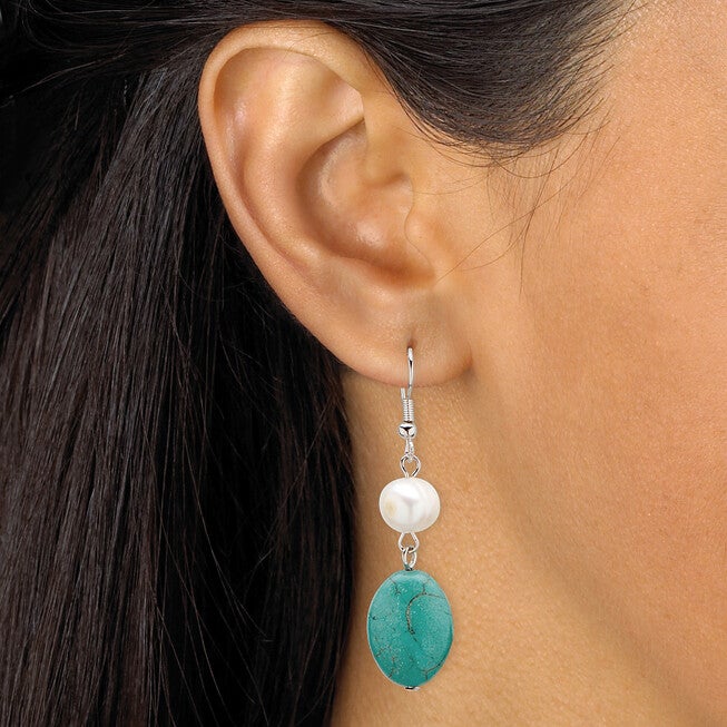 Genuine Turquoise and Freshwater Pearl Silvertone Necklace and Earrings Set, , alternate image number null