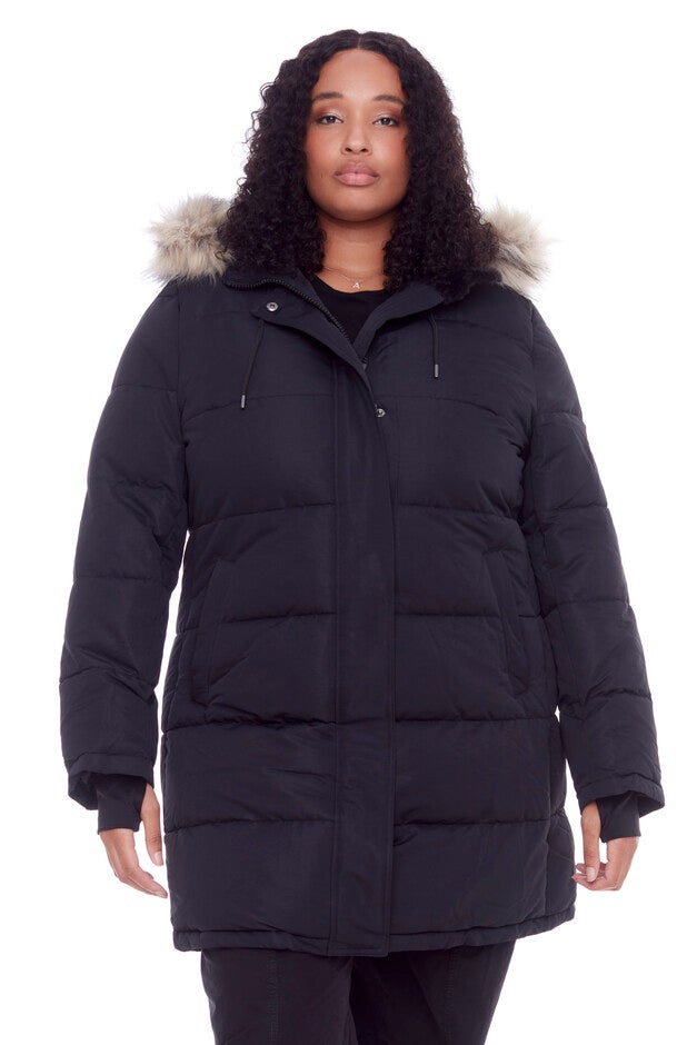 Women's Plus Size - AULAVIK | Vegan Down Recycled Mid-Length Hooded Parka Coat, Black / Black, hi-res image number 0