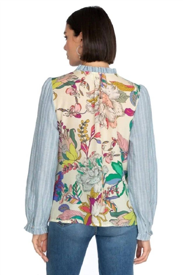 NICO RUFFLE SCARF BACK BLOUSE IN STRIPE, Stripe / Light Blue, alternate image number null