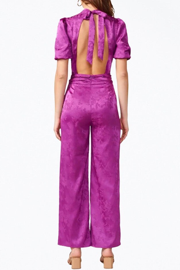 THEO OPEN-BACK SATEEN JACQUARD JUMPSUIT IN PURPLE, Purple / Purple, alternate image number 1