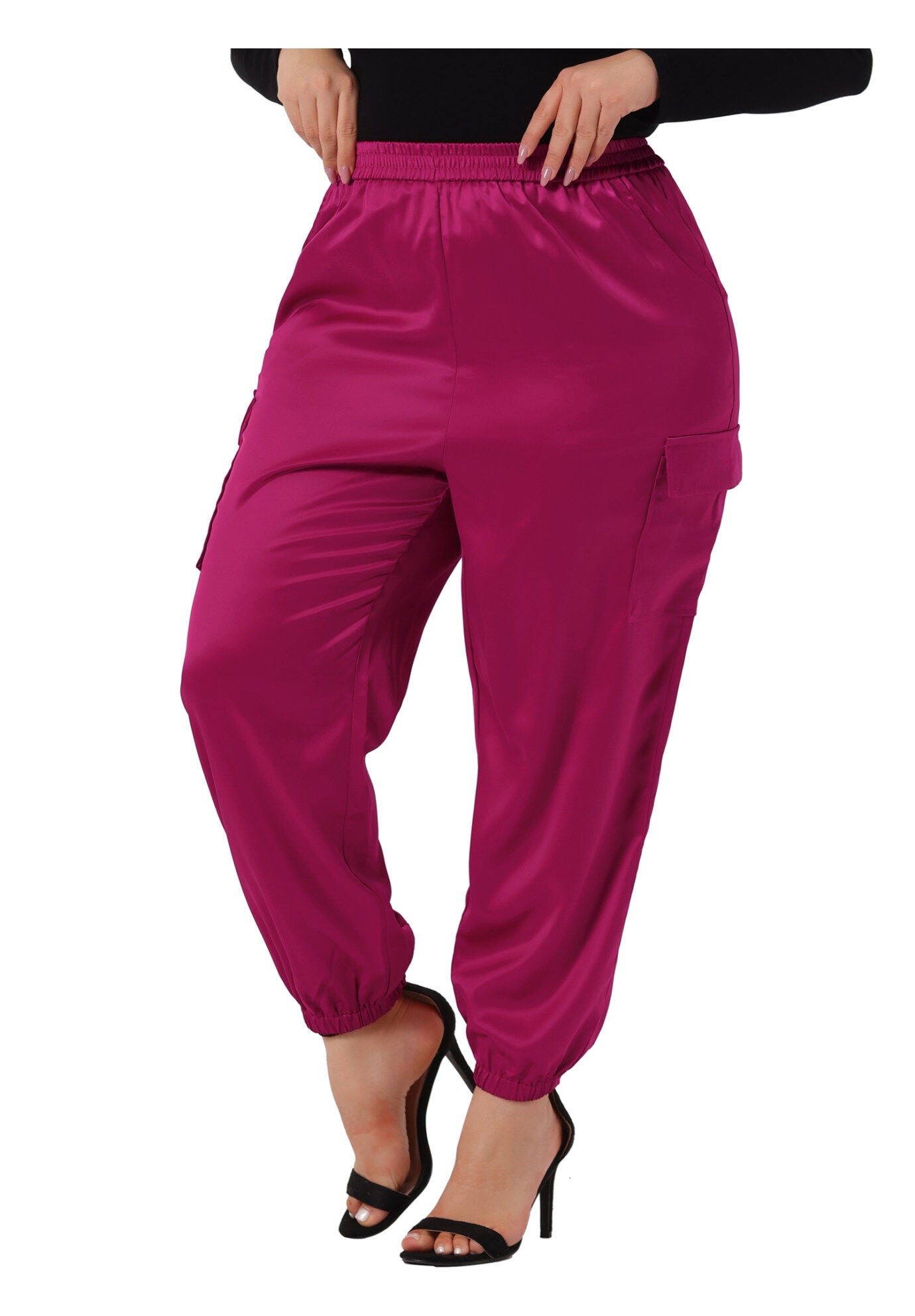 SATIN JOGGERS ELASTIC WAIST ATHLEISURE ANKLE LENGTH CARGO PANTS, Hot Pink / Pink, alternate image number 4