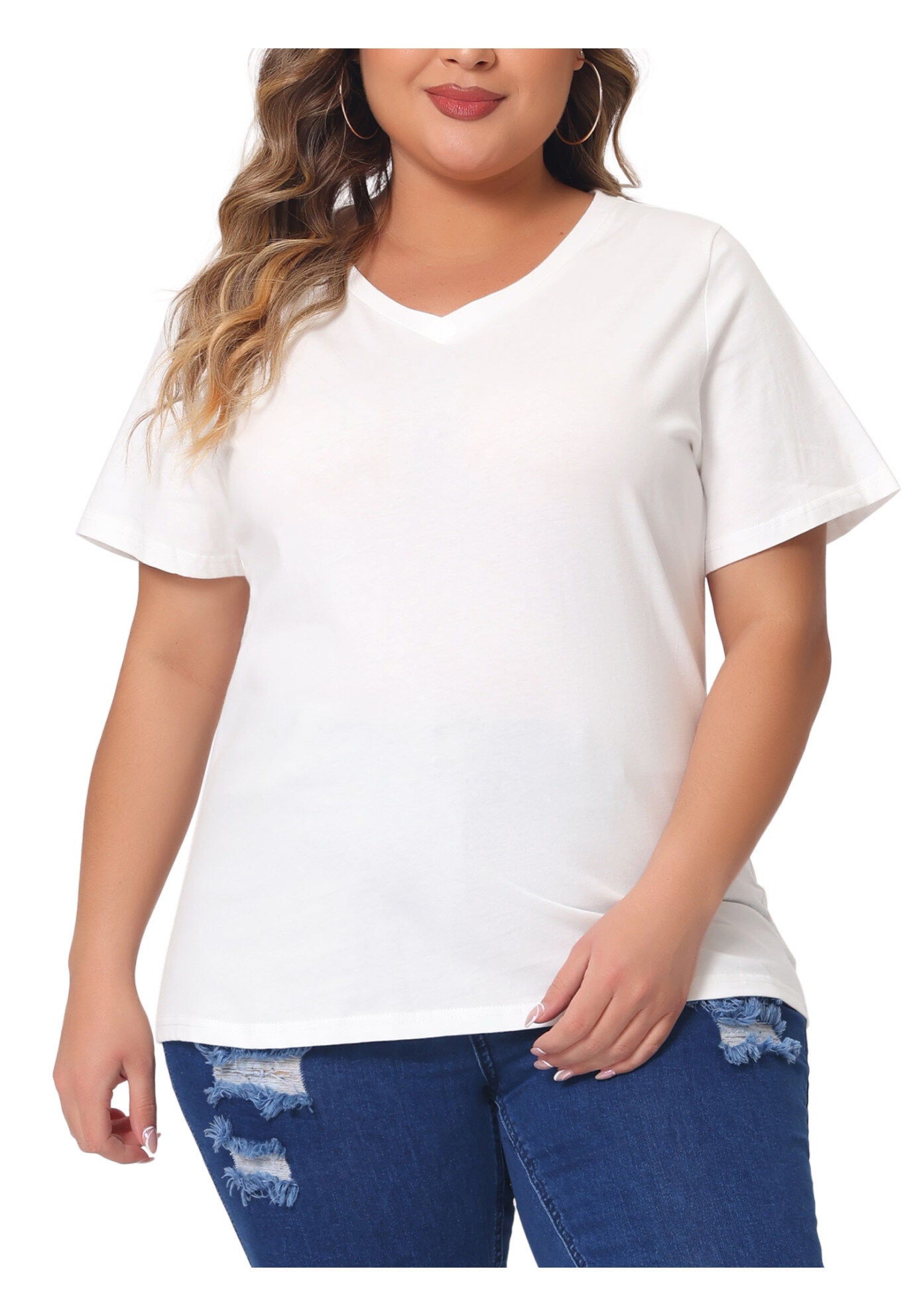 Short Sleeve V Neck Basic T-Shirt Top, White / White, alternate image number 1