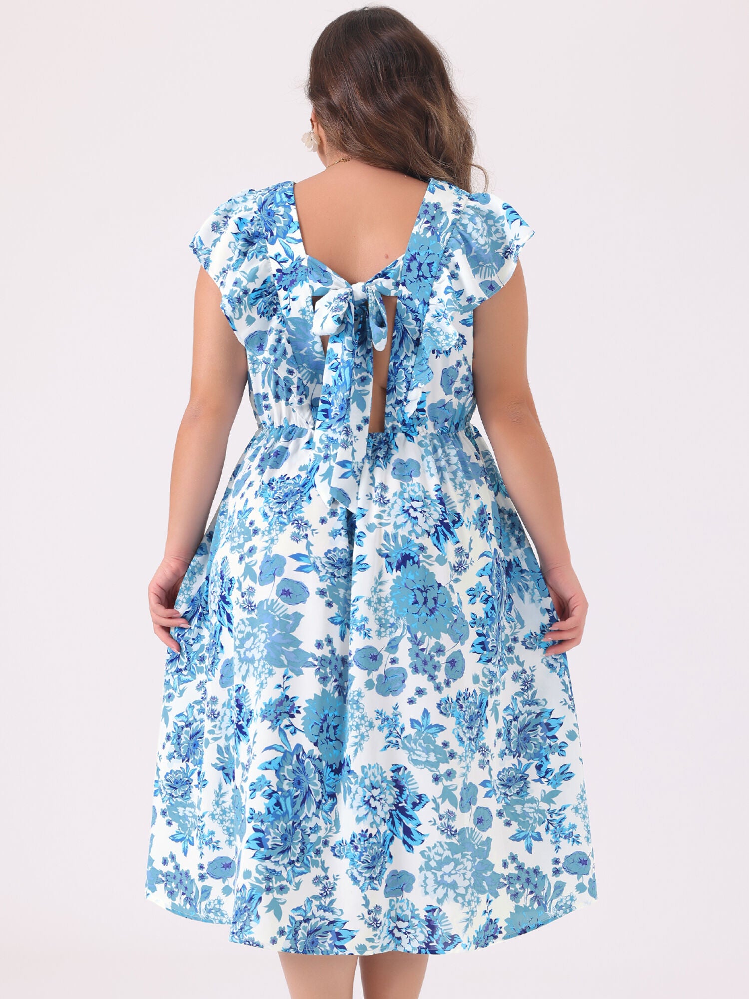 Floral Ruffle Short Sleeves Tie Back V Neck Summer Dress, Blue / Light Blue, alternate image number 3