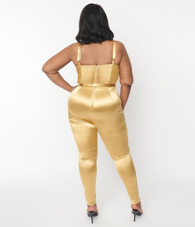 Unique Vintage Gold Spandex Belted Jumpsuit, , alternate image number 6