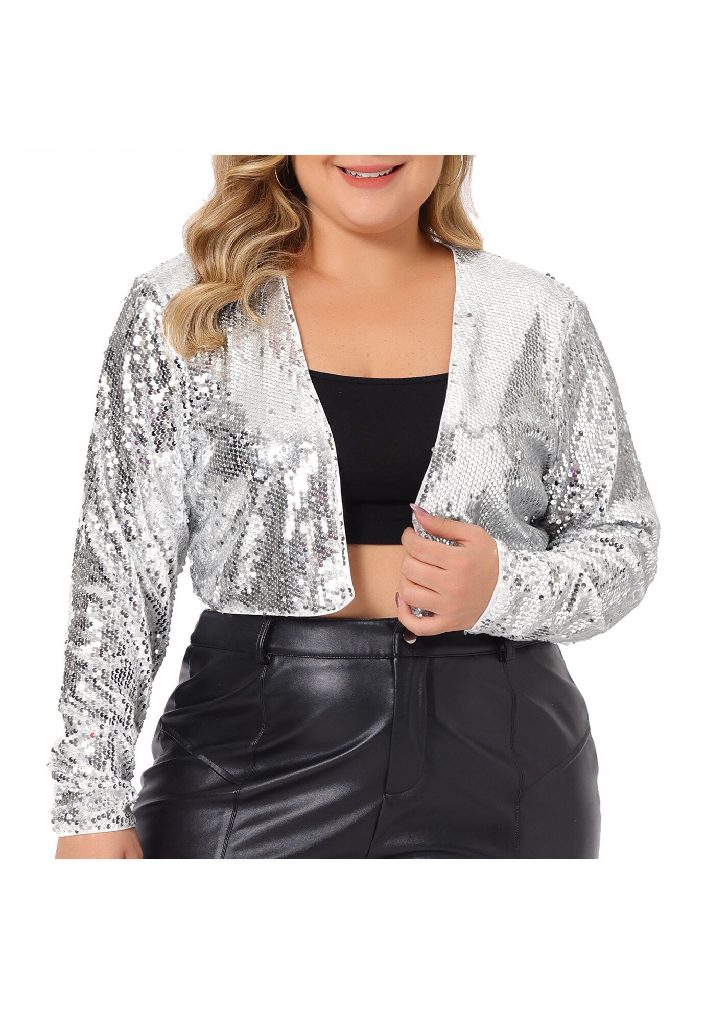 OPEN FRONT LONG SLEEVE METALLIC SEQUIN CROP JACKET, Silver / Silver, alternate image number 1