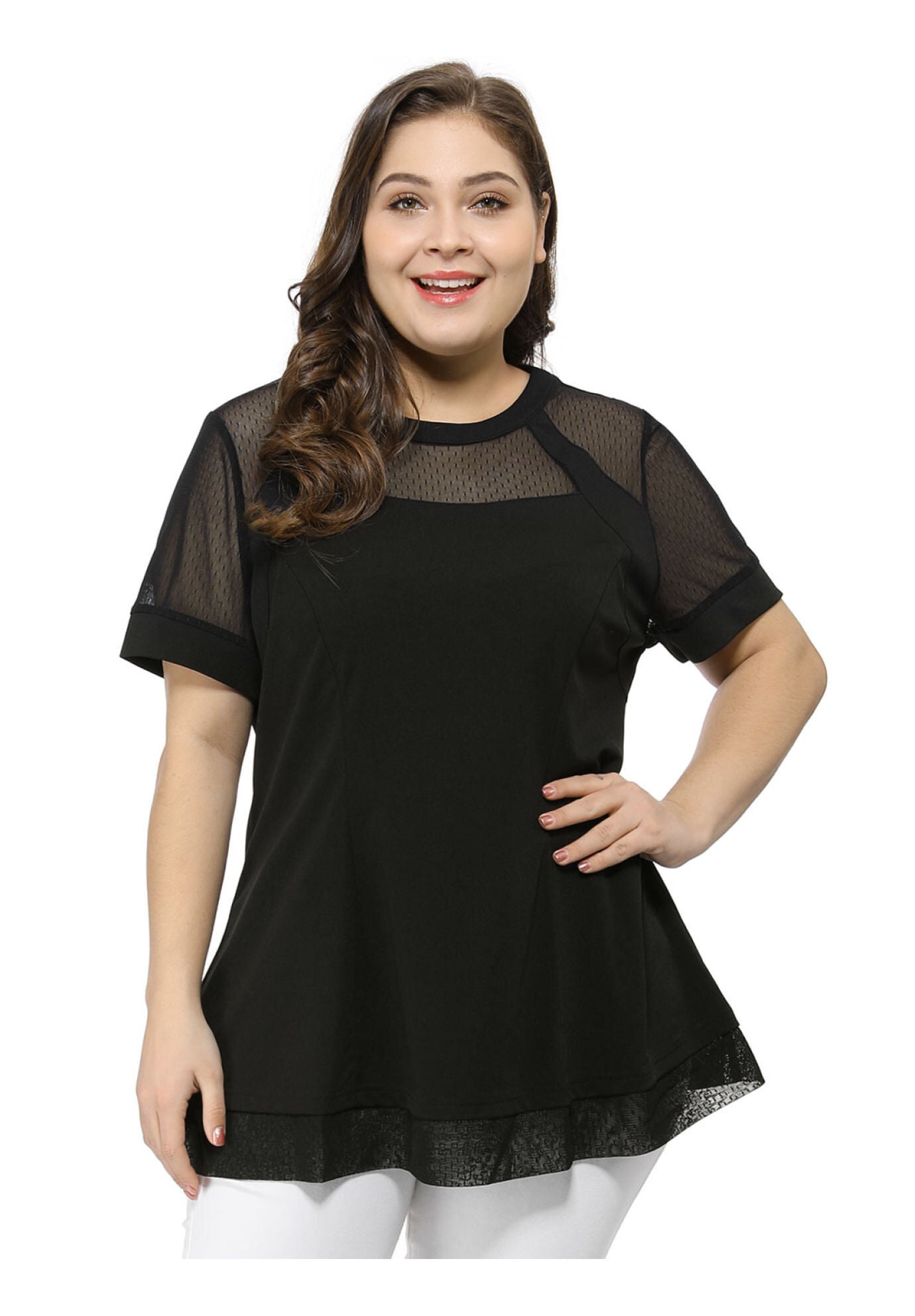 ROUND NECK SHORT SLEEVE MESH SHEER SUMMER PEPLUM TOP, Black / Black, alternate image number 1