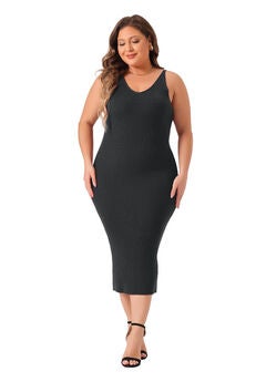 Sleeveless V Neck Ribbed Knit Bodycon Midi Sweater Cami Dress