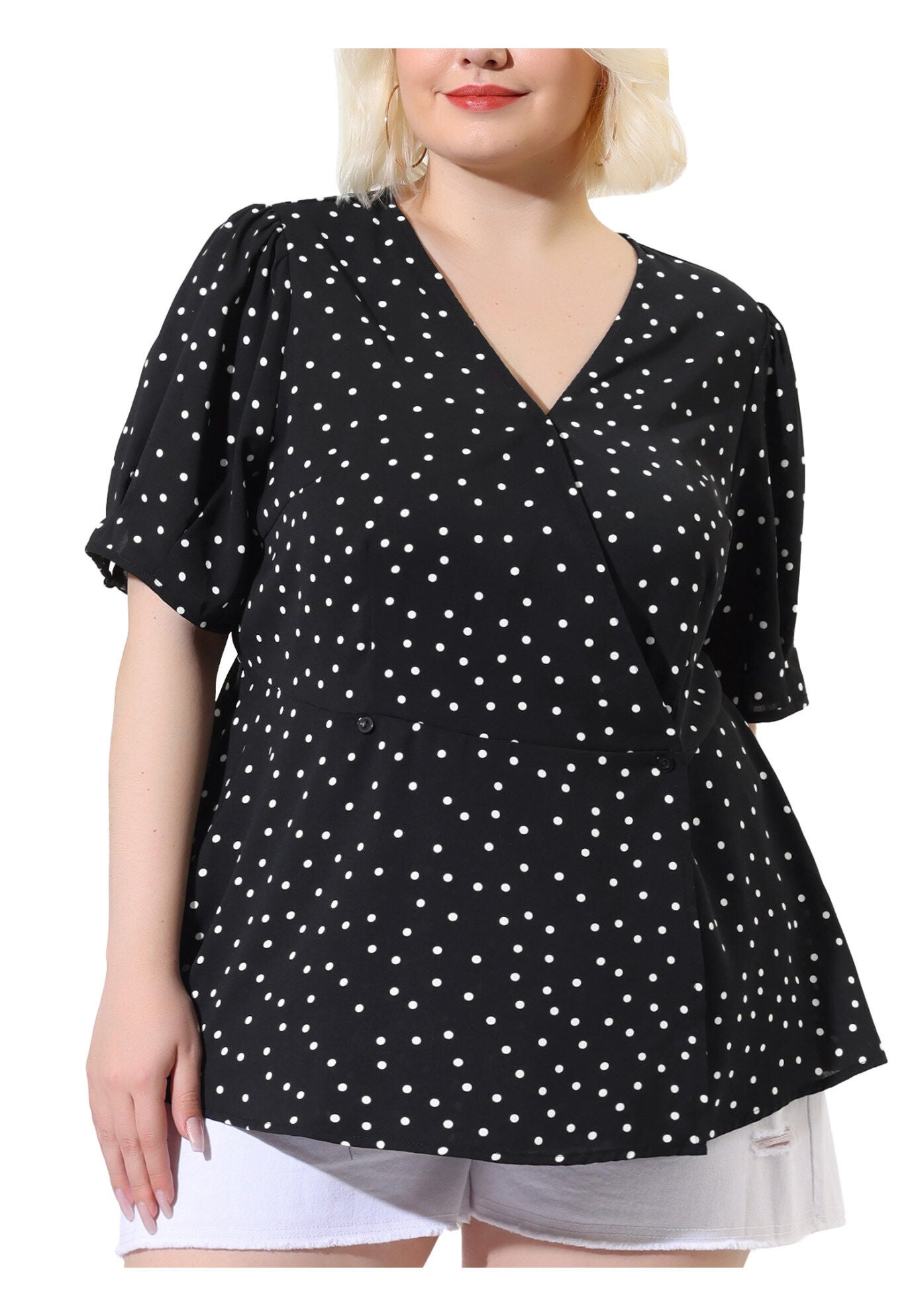 Summer V Neck Wrap Short Sleeve Polka Dots Peplum Top, Black / Black, alternate image number 1