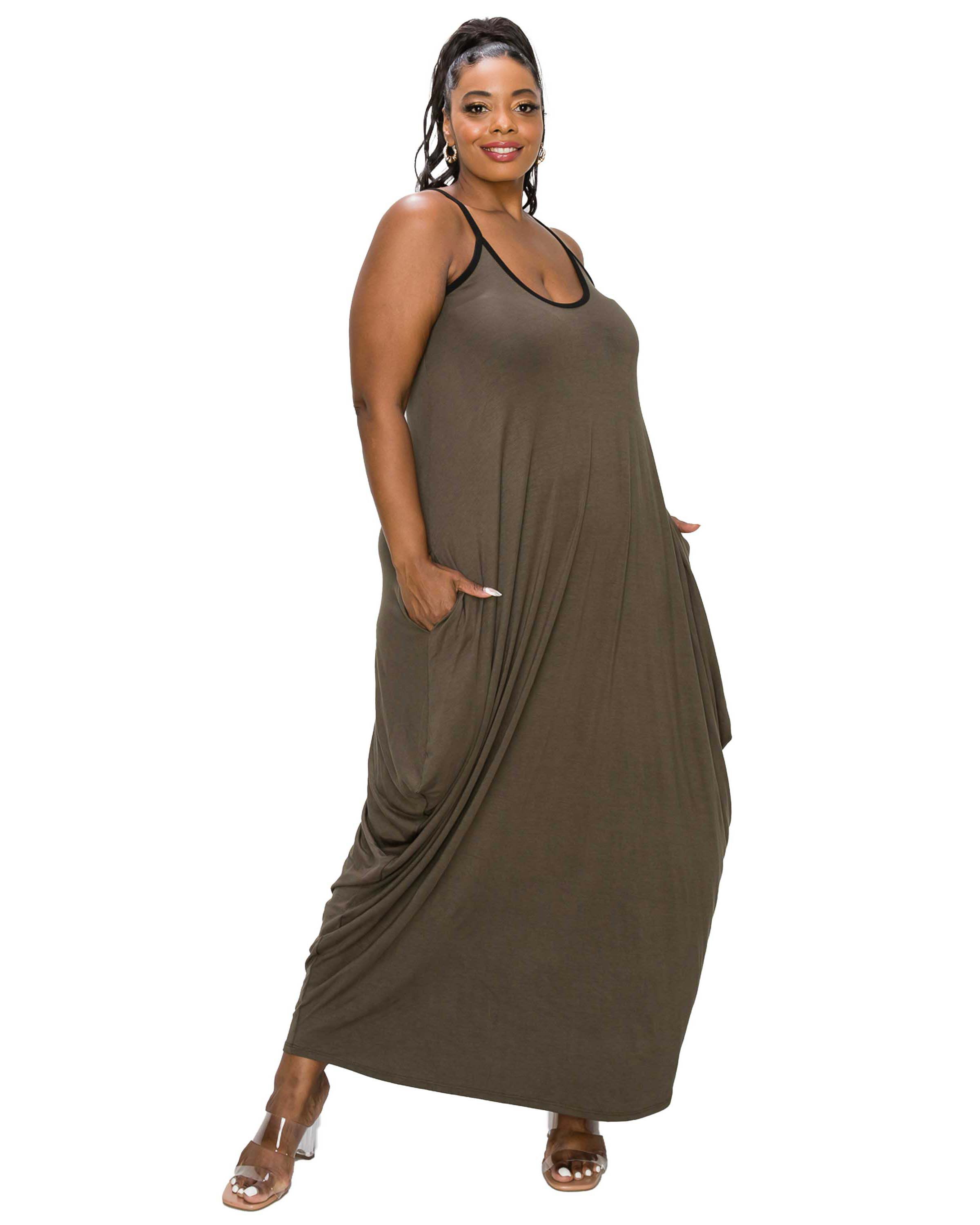 SPAGHETTI STRAP HAREM DRESS, Olive / Olive Green, hi-res image number 0