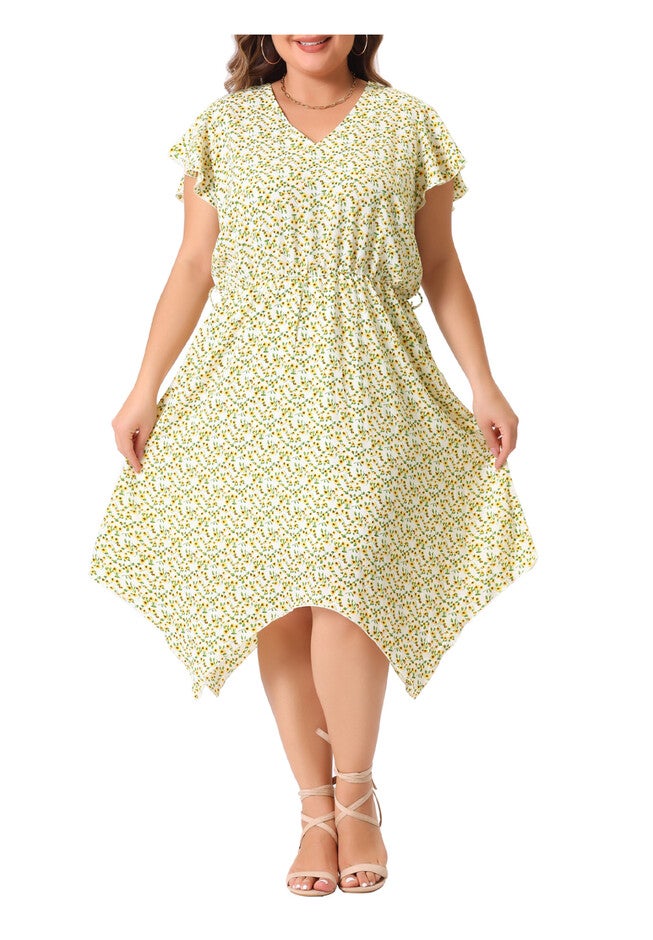 Ruffle Asymmetric High Low Midi Floral Dress, White / White, alternate image number 2