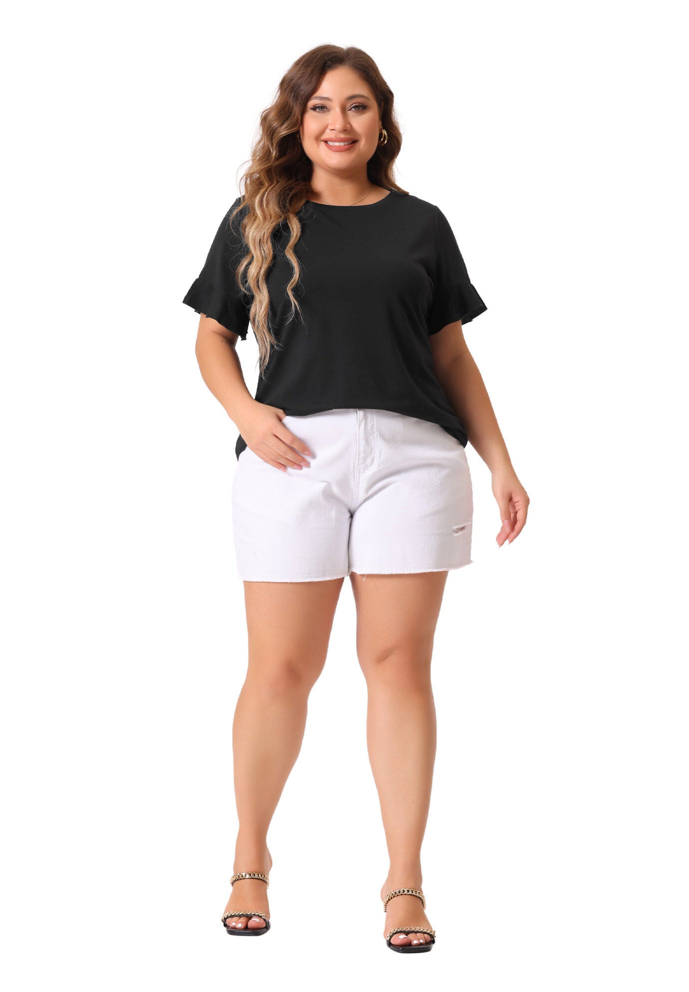 PLAIN CREW NECK RUFFLE SHORT SLEEVE TEE TOP, Black / Black, hi-res image number 0